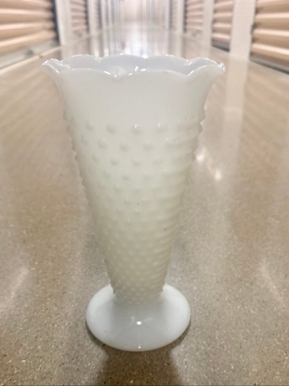 Pair of Vintage Milk Glass Hobnail Vases White Ruffled Rim Pedestal